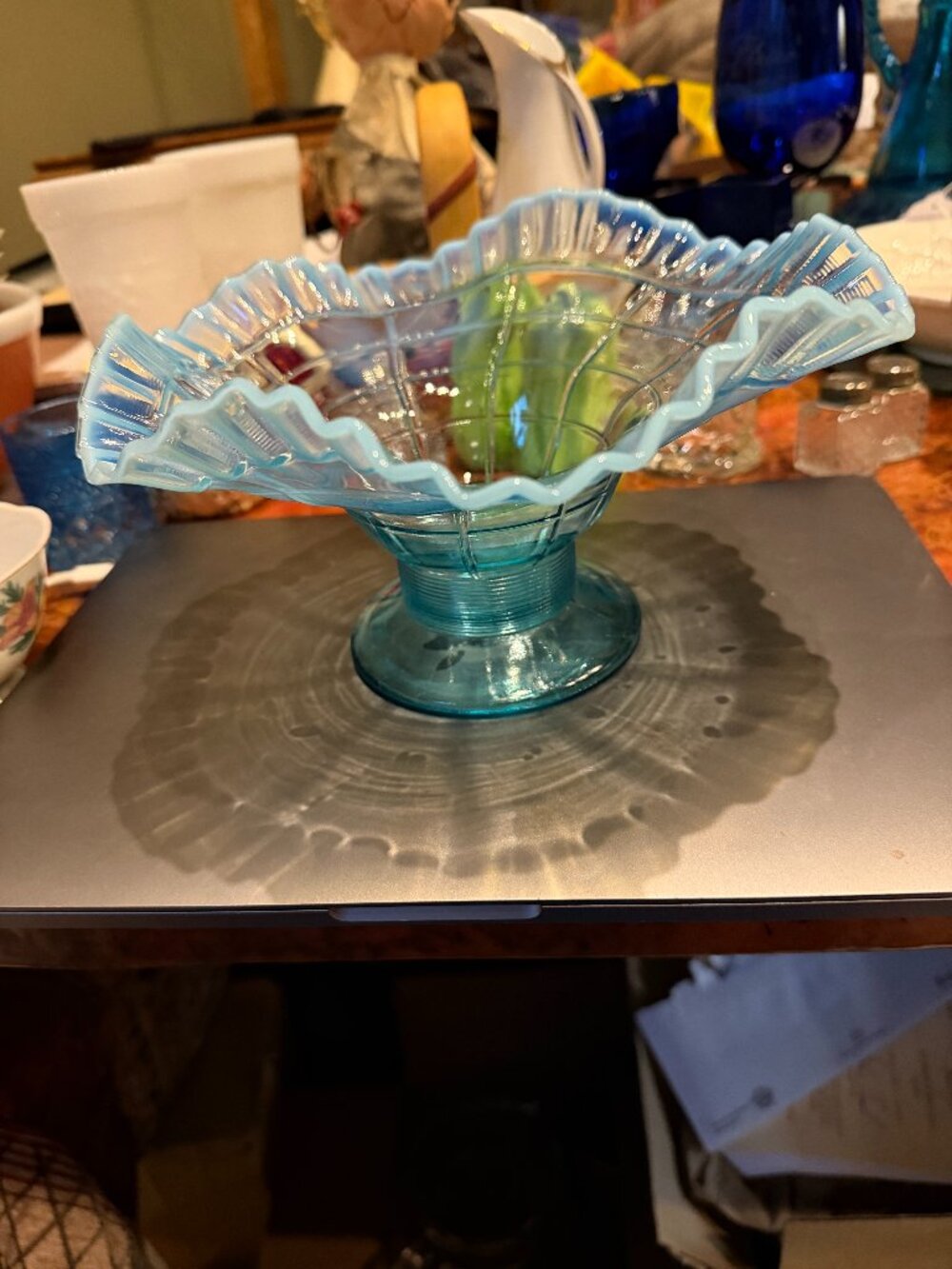 1901 Blue Opalescent Press Coinspot #617 aka Concave Columns Compote Dugan Glass